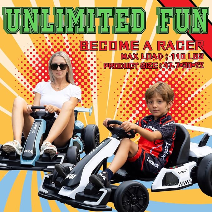 KerryYoo K61 Go Kart Electric Drift Kart with Length Adjustable Seat, 24V Outdoor Ride on Toy with 4 Speed Mode, Crazy Kart for Kids 6-12 Years Old, Fast 300W Motor, 8.5 MPH, Bluetooth - White
