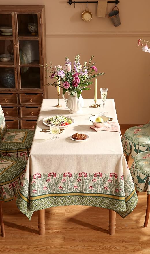 patdrea Designer Vintage Linen Rectangle Table Cloth,Floral Leaves Pattern Anti-Wrinkle Green Tablecloth,Decor Table Cover for Kitchen Dining Christmas,Party,Thanksgiving,63"x87"-Cecilia D