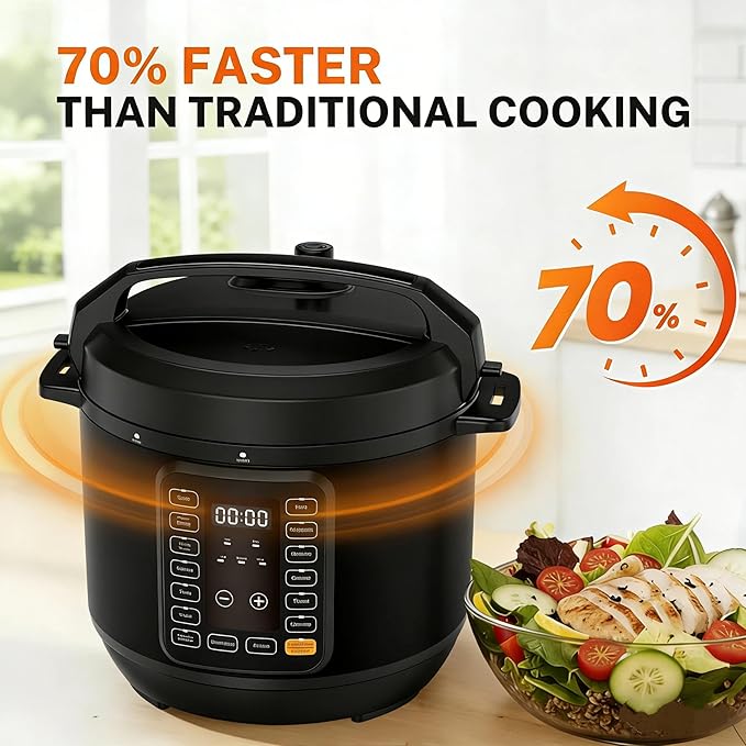 Simple Deluxe 6QT Electric Pressure Cooker, 16-in-1 & Non-Stick Stainless Steel Multi Cooker with 12 Presets for Slow Cook, Meat Stew, Steam, Sauté, Canning, Yogurt Maker, Dishwasher Safe, Black