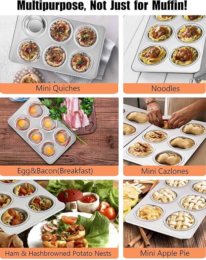 TeamFar 2 Packs Muffin Pan, Stainless Steel Muffin Cupcake Pan Tin Tray for Baking, for Mini Cakes/Tarts/Quiche, Healthy & Sturdy, Oven & Dishwasher Safe (6-Cup)