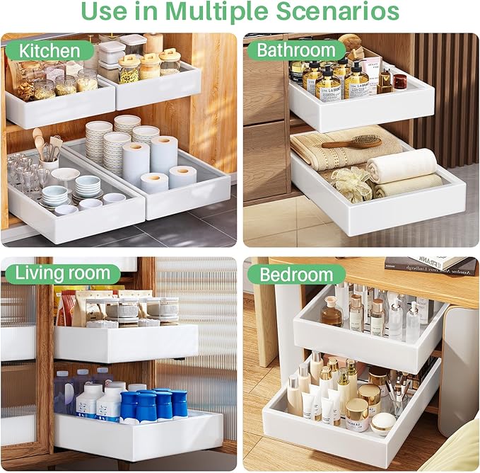 2Pack Pull out Cabinet Organizer, 21"Deep, 20"Wide Full-extension Heavy Duty Slide out Drawers Fixed with Adhesive Nano, Roll Out Shelves Sliding Cabinet for Kitchen,Bathroom,Pantry,Under Sink(White)