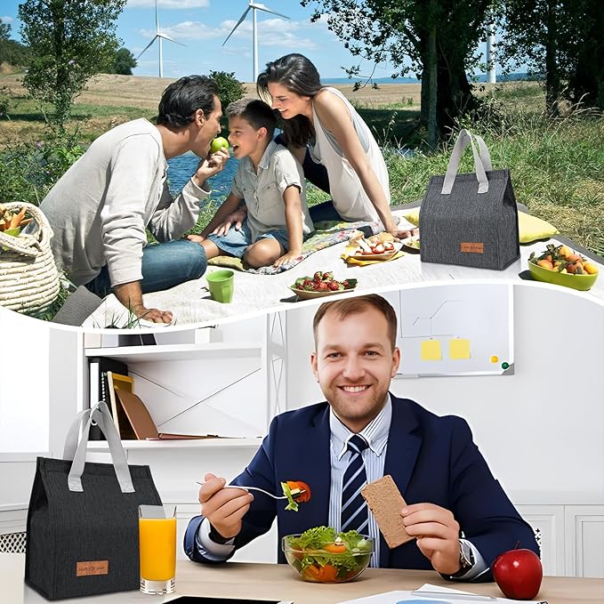 VZZNN 12 Pack Lunch Bags Bulk,Insulated Reusable Lunch Bags with Aluminum for Women Men,Leakproof Tote Large Lunch Box for Office,Work,Beach or Travel,Black