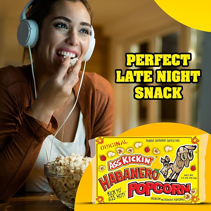 ASS KICKIN' Habanero Microwave Popcorn Bags - 6 Pack - Ultimate Spicy Popcorn Gourmet Gift - Makes a Great Movie Theater Popcorn or Snack Food for Movie Night
