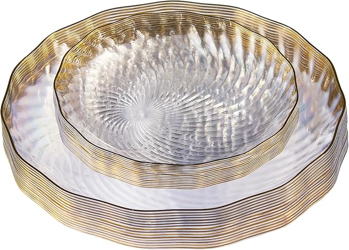PLASTICPRO 120 Pack Plastic Plates Set of 60-10 inch Plates and 60-7 inch Plates, Elegant Clear Spiral and Gold Rim Disposable Fancy Plates Premium Heavyweight