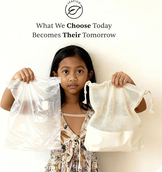 LEAFICO Reusable Produce Bags – 100% Cotton Mesh & Solid Hybrid (Mixed Sizes 8 Pcs – S/M/L/XL) – Multi-Use Grocery & Storage Bags for Fruit, Vegetables, Toys, Clothes, Travel – Washable, Zero Waste