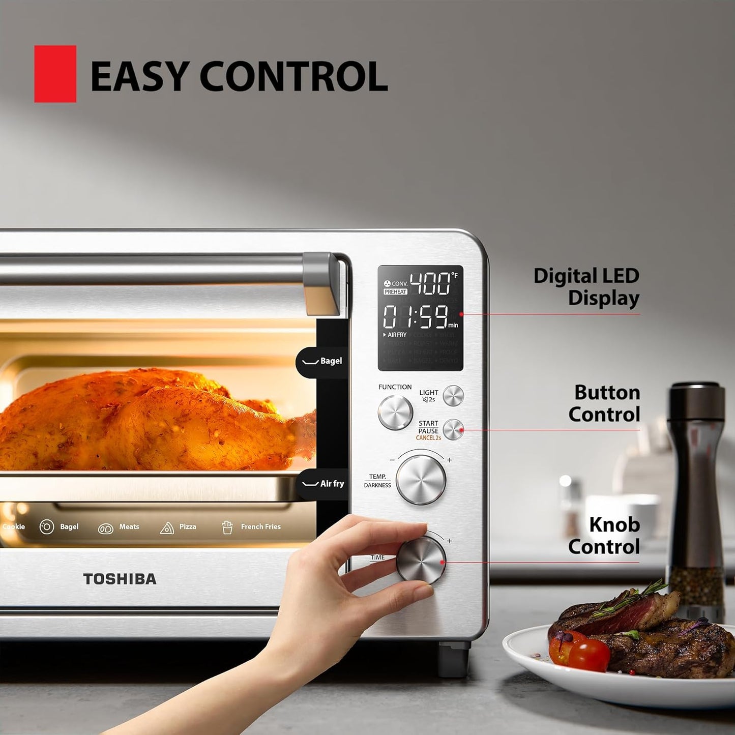 TOSHIBA ChefFry Air Fryer Toaster Oven Combo, 26.4 QT Large Capacity, 12-in-1 Countertop Toaster Oven, Stainless Steel