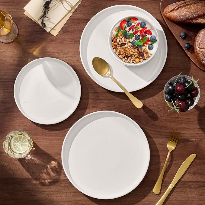 E-far 18-Piece Stoneware Dinnerware Sets, Plates and Bowls Sets for 6, Ceramic Dishware Dishes Set with Terracotta Base, Chip & Scratch Resistant, Microwave & Dishwasher Safe, Speckled White