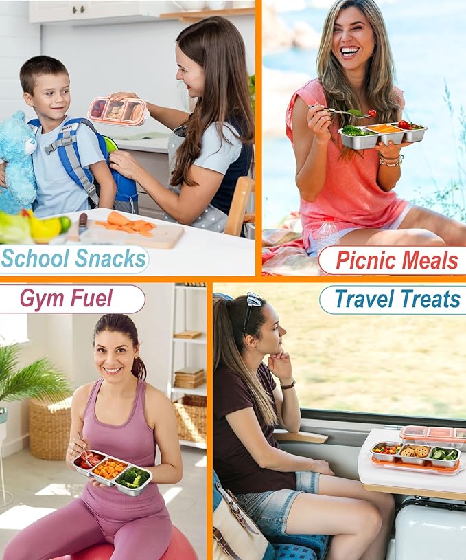 KTKUDY 3 Pack Stainless Steel Snack Containers for Kids & Adults - Large - Leak-Proof 3-Compartment Stackable Snack Lunch Boxes for Daycare, School, Work & Travel
