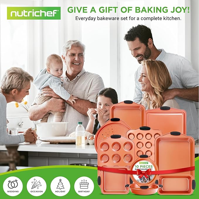 NutriChef 10-Piece Nonstick Baking Pan Set - Premium Carbon Steel Bakeware with Silicone Handles, Baking Pans, Pizza Pan, Square Pan, Loaf Pan, Cookie Sheet, Round Pan, 12/24 Cup Muffin Pan (Copper)