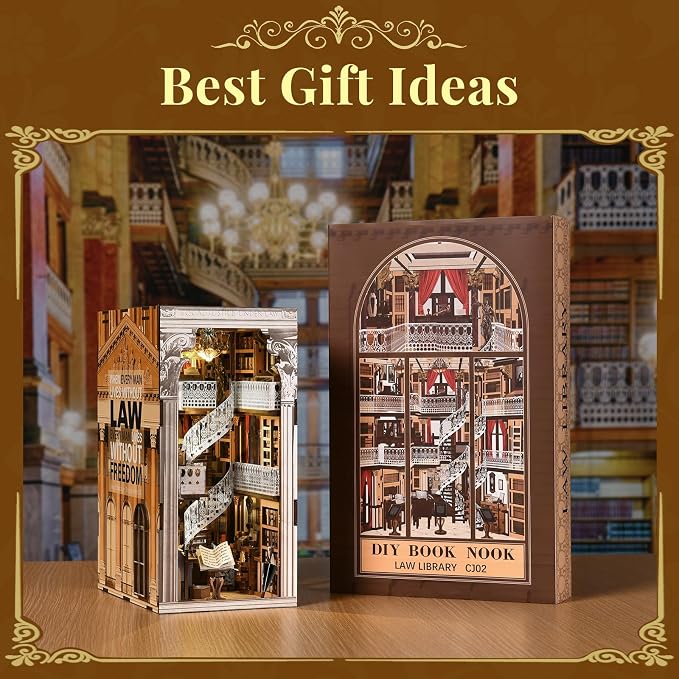 CCCDF DIY Book Nook Kit for Adults and Teens, Miniature Dollhouse Booknook Kit, 3D Wooden Puzzle Booknook Bookshelf Bookcase Model Build Kit Decor Alley with LED Light (Law Library)