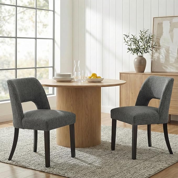 keoni Wooden Dining Chairs Set of 4, Mid Century Modern Upholstered Dining Room Chairs with Black Wood Legs, Fabric Farmhouse Kitchen Chairs with Foot Pegs for Dining Room, Dark Gray
