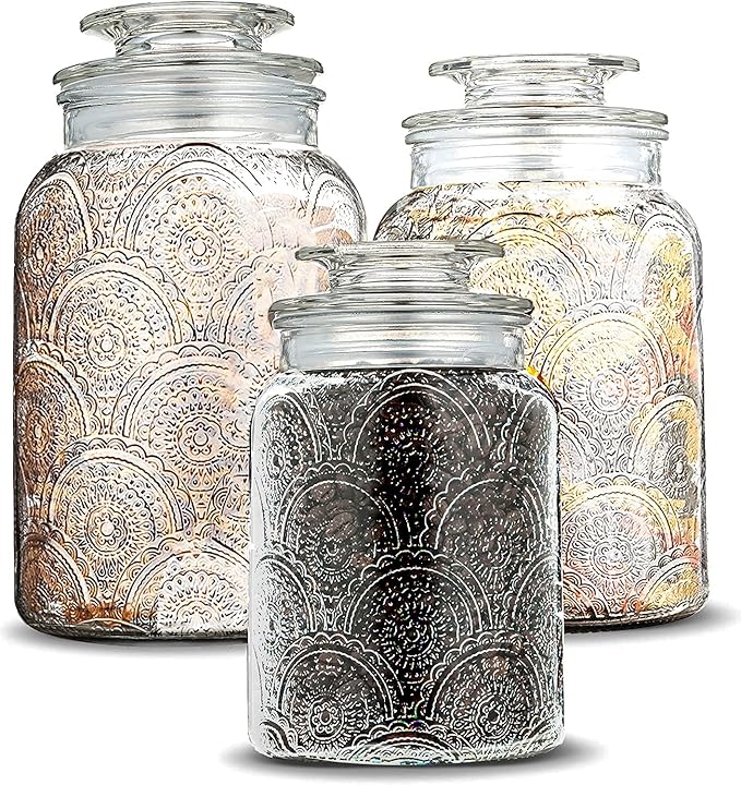 Le'raze Food Storage Containers with Airtight Lids - Retro Design - Pantry Organization, Glass Canisters Storage for Cookies, Tea, Sugar, Candy Jars, Sugar Packet, Set of 3