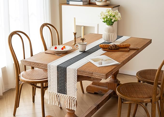 FEXIA Boho Table Runner for Home Decor with Tassels 108 Inches Long,Grey Farmhouse Rustic Table Runner Macrame Burlap Table Decoration for Living Room Bridal Shower(12x108 Inches)