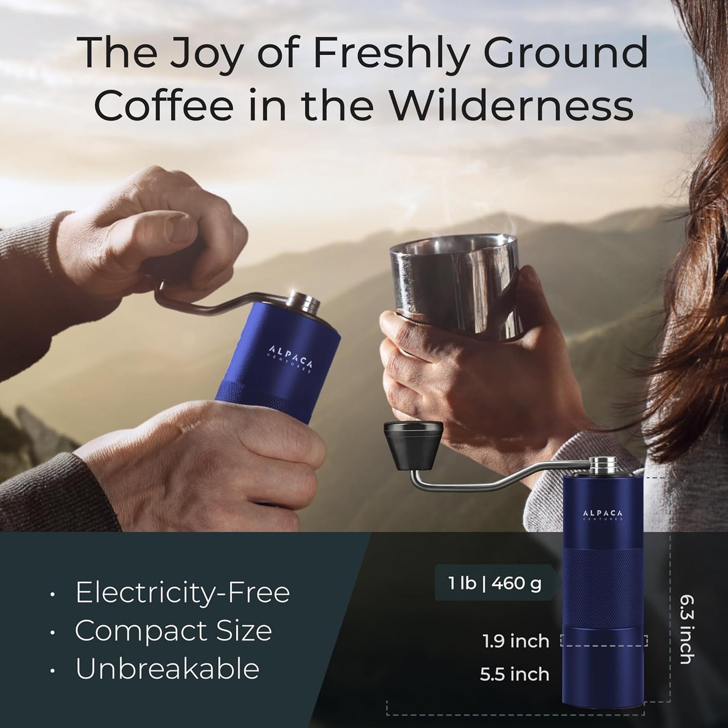 Manual Coffee Grinder by Alpaca Ventures - Stainless Steel Conical Burr Coffee Grinder Manual with Adjustable Setting Double Bearing Hand Espresso Grinder Perfect for Home, Office and Camping