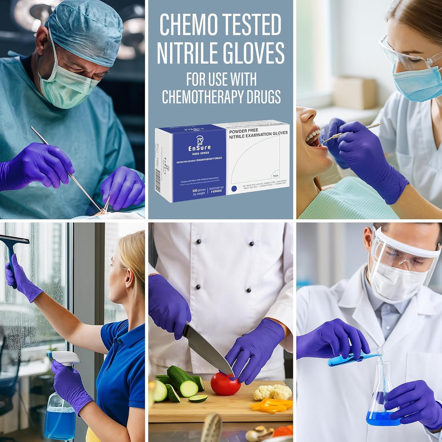 EnSure Nitrile Exam Gloves, Powder-Free, Latex-Free, Chemo Rated, Non-Sterile, Light Duty, Textured Tips, Medical, Surgical, Food Safe, Cleaning, Dental, Lab Use - 3 Mil (Large, 200 Count)