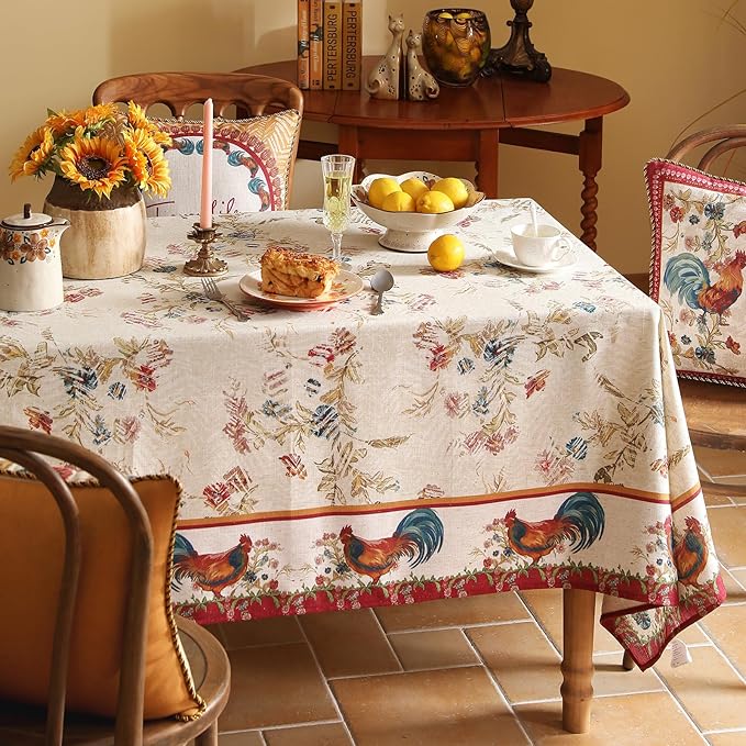 patdrea Designer Linen Tablecloth for Rectangle Table,Red Vintage Animals Pattern Floral Tablecloths,Decor Table Cover for Kitchen Dining Christmas,Tea Party,Thanksgiving,Party,63"x87"-Townlife E