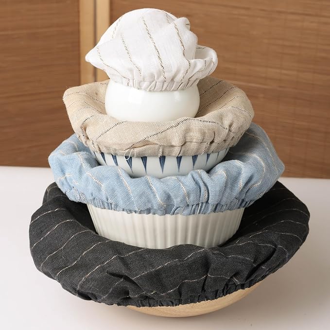 100% Linen Stripe Bowl Covers Reusable For Bread Proofing, 4 Pcs Elastic Cloth Fabric Bowl Covers, 5.9*7.9*9.8*11.8 Inches, White