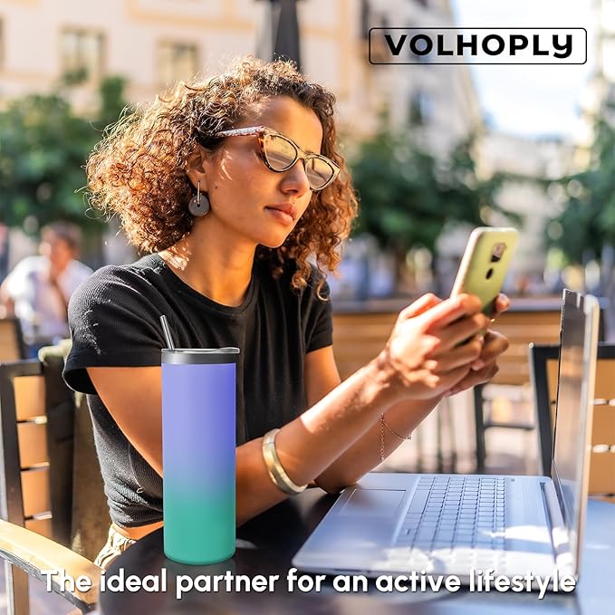 Volhoply 20 oz Skinny Tumbler with Lid and Straw, Stainless Steel Straight Tumblers Cup, Vacuum Insulated Coffee Mug for Home, Office, Travel, DIY (Purple Green,1 Pack)