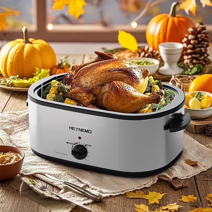 22 Quart Electric Roaster Oven with Visible & Self-Basting Lid, Large Turkey Roaster with Defrost Warm Function, Adjustable Temperature, Removable Pan Rack, Stainless Steel