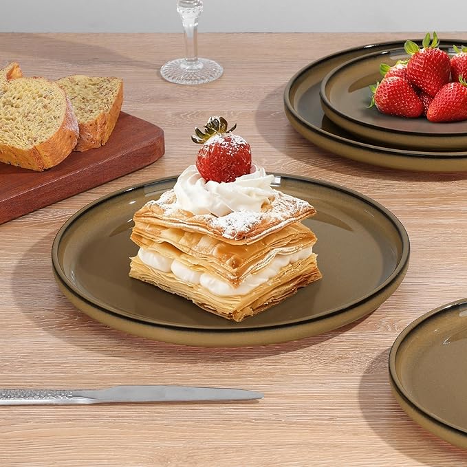 E-far Stoneware Dinnerware Sets for 8, 24 Pieces Reactive Glaze Plates and Bowls Sets, Elegant Dishes with Rustic Terracotta Clay Base, Dishwasher & Microwave Safe, Scratch Resistant, Desert Camel