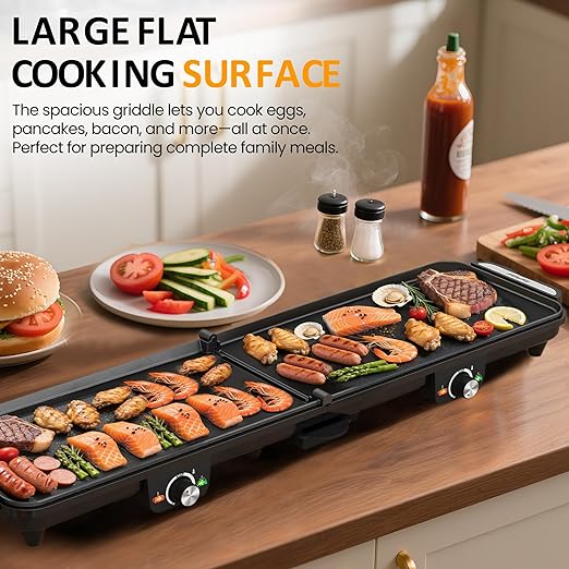 1600W Electric Griddle Indoor: Large Flat Top Grill with Nonstick Plates, 17.5" x 9", 2 Cooking Zone with Adjustable Temp, Pancake Egg Maker with Drip Tray, Indicator Light, Easy Cleanup