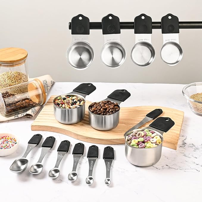 Magnetic Measuring Cups & Spoons Set 14, Heavy Duty Stainless Steel Measuring Cups and Spoons Set for Baking & Cooking, BPA Free, Round Measuring Set with Leveler, Black