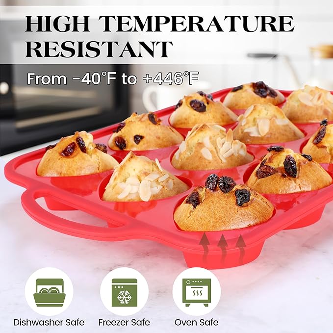 2 Pcs Heart Shaped Muffin Pan with Metal Reinforced Frame 12 Cup Nonstick Silicone Heart Cake Mold for Baking 2.5 Inch Cupcake Tray (Red)