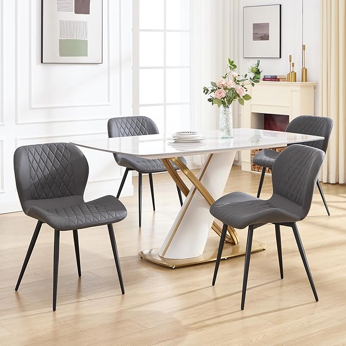 Dining Chairs Set of 2, Comfy Modern Dining Chairs with Thick Cushions, Upholstered Fabric Kitchen Side Chairs with Adjustable Metal Legs for Dining Room (Dark Grey)