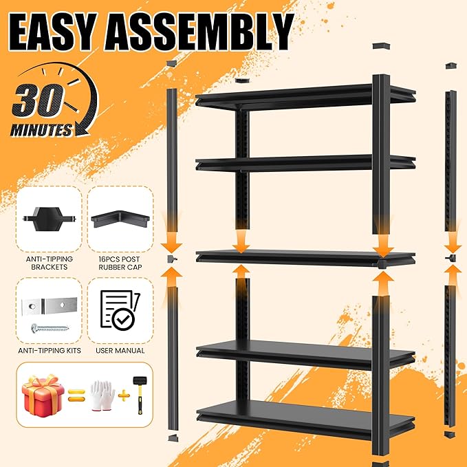 72" H Garage Shelving, Heavy Duty Storage Shelves, Garage Storage Shelves, Adjustable 5 Tier Metal Shelving Unit, Utility Shelves for Warehouse Backyard, 72" H×36" W×16" D