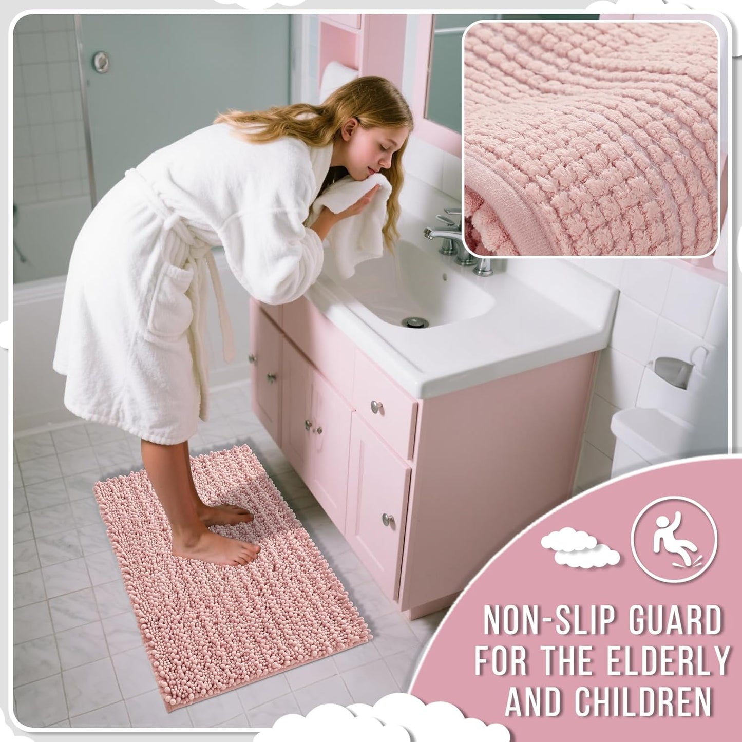Yimobra Large Bathroom Rugs Non Slip Washable 36x24 Inch - Ultra Soft Absorbent Chenille Bath Mat, Quick Dry Shaggy Floor Carpet for Tub Shower, Light Pink Home Decor Accessories