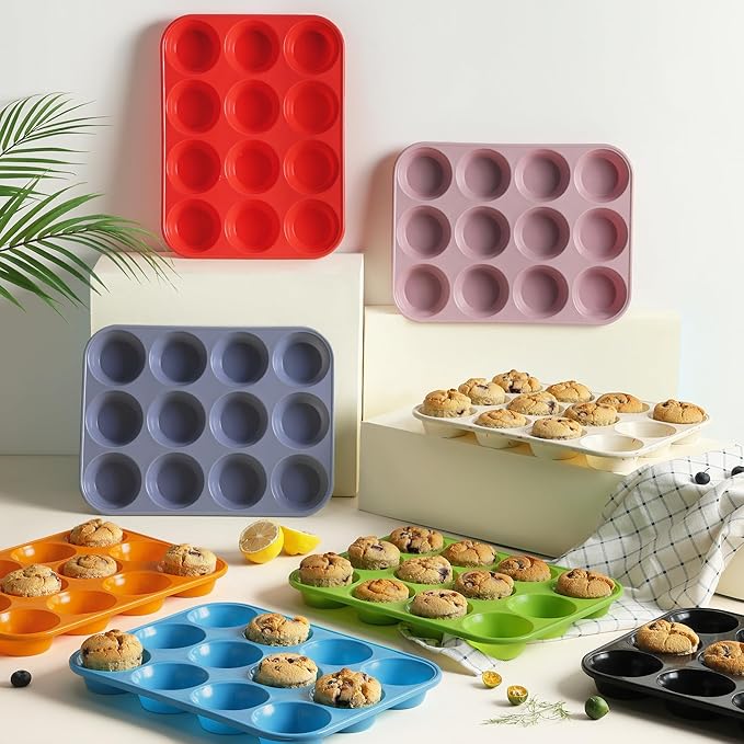 2 Pack 12 Cups Silicone Muffin Pan with Metal Reinforced Frame Regular Size Silicone Molds Cupcake Cake Baking Pans Cookie Baking Chocoflan Cupcake Mold Nonstick Muffin Tin Home Baking Supplies