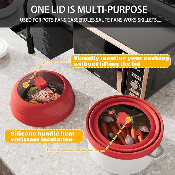 Microwave Splatter Cover, Vented Silicone and Glass Cover Splatter Guard Lid, Food Collapsible Plate Cover Lid with Easy Grip Handle. (Red, 9 inch)