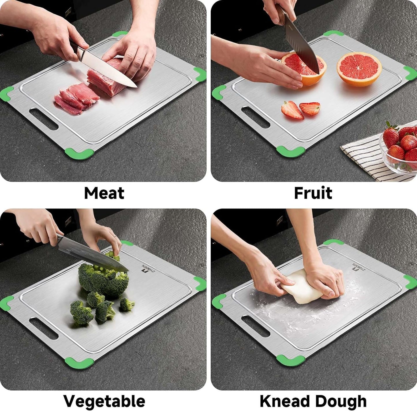 100% Pure Titanium Cutting Board with Grooves, Update Double Side Titanium Chopping Board, Silicone Anti-slip Stainless Cutting Boards for Kitchen 10 * 14 IN, Green