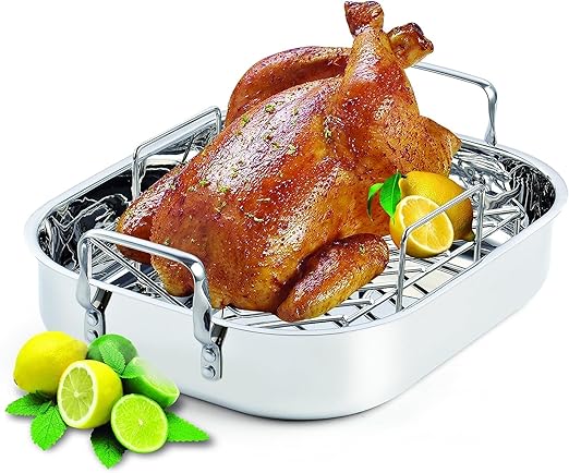 Cooks Standard Stainless Steel Roaster Pan with V-Shaped Rack, Inner 14-Inch x 11-Inch; Edge 15-Inch x 12-Inch; Turkey Roasting Pan Bakeware for Oven, Rectangular