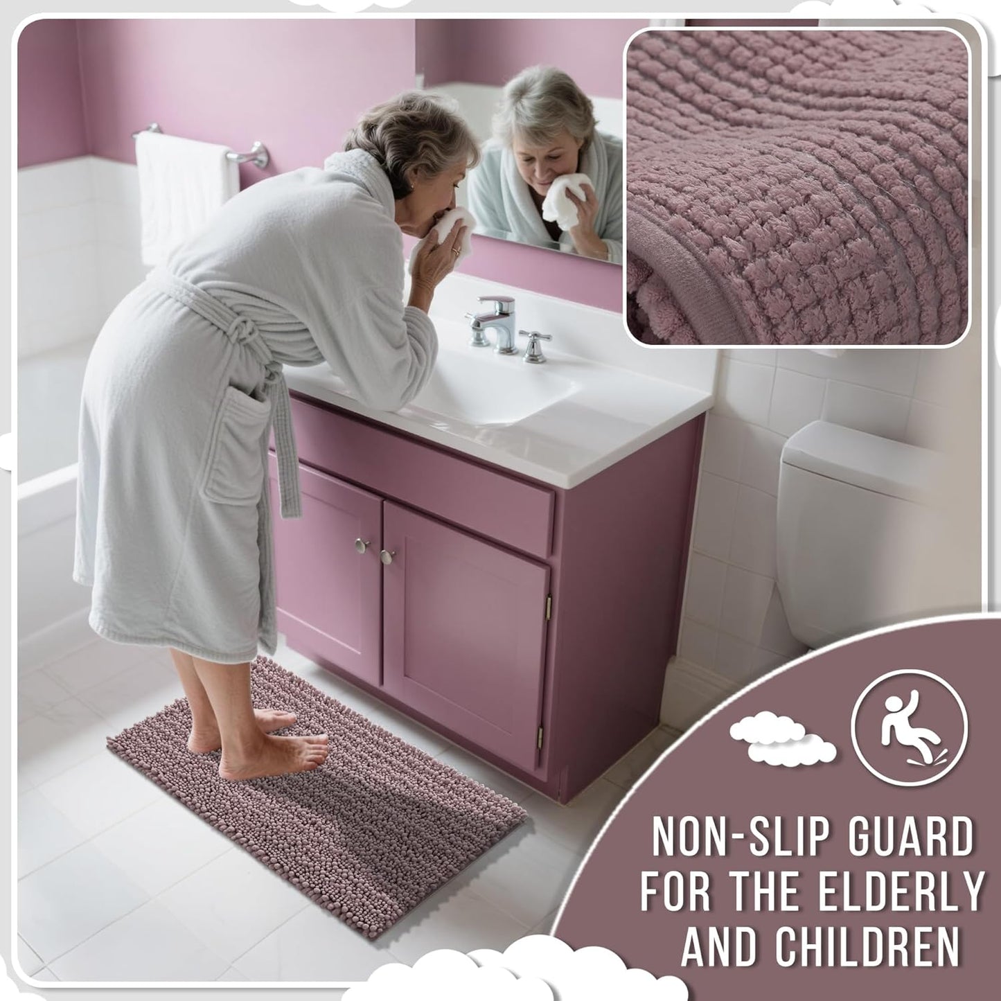 Yimobra Large Bathroom Rugs Non Slip Washable 36x24 Inch - Ultra Soft Absorbent Chenille Bath Mat, Quick Dry Shaggy Floor Carpet for Tub Shower, Mauve Home Decor Accessories