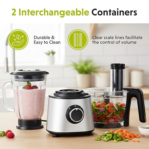 Simple Deluxe Food Processor Blender Combo, 300W Multifunctional Electric Kitchen Tool with 1.5L Glass Jar & 6-Cup Chopper, Ideal for Slicing Dough Meat Puree, 2 Adjustable Speeds & Safety Lock, Black