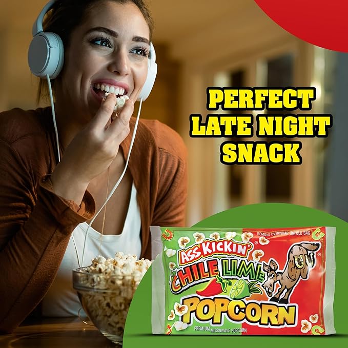 ASS KICKIN' Chile Lime Microwave Popcorn Bags - 3 Pack - Ultimate Spicy Popcorn Gourmet Gift - Makes a Great Movie Theater Popcorn or Snack Food for Movie Night