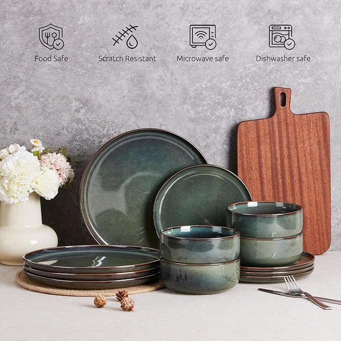 E-far 6-Piece Plates and Bowls Set, Stoneware Dinnerware Sets for 2, Ceramic Dishes Reactive Glaze Dinning Ware, Microwave & Dishwasher Safe - Obsidian Green