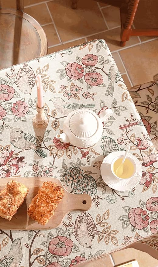 patdrea Designer Pink Linen Table Cloth for Sqaure Table,French Tablecloth with Birds Pattern,Small Colorful Decoration Cover for Kitchen Dining,Christmas,Party,Thanksgiving,55"x55"-Kulom a