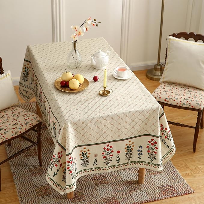 ISAENNE Designer Vintage Linen Floral Long Tablecloth Rectangle,Fall Colorful Modern Table Cloth,Anti-Wrinkle Decor Tablecloths for Dining Thanksgiving Kitchen Christmas,63"*102"-Bertina E