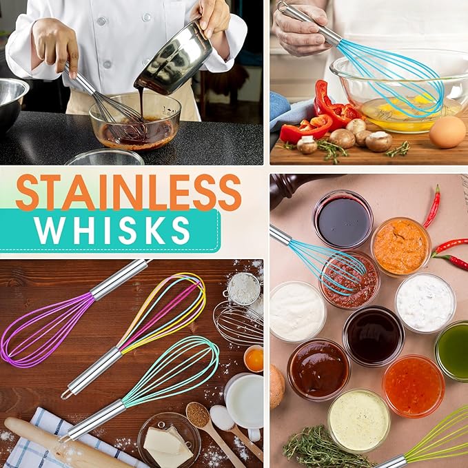 Domensi 24 Pcs 10 Inch Whisks Bulk for Cooking Silicone Whisks Non Scratch Stainless Steel Egg Beater Colorful Coated Metal Heat Resistant Egg Beaters for Mothers Day Party Favor Gift Supplies