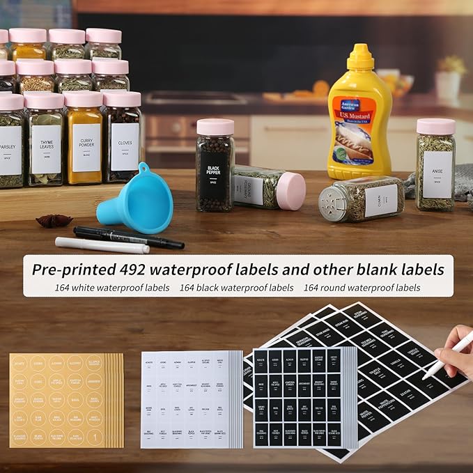 36 Glass Spice Jars with Labels, Spice Jar Set, 4oz Seasoning Containers, Spice Containers with Pink Airtight Lids and Shaker Lids, Square Empty Spice Bottles, 492 Labels, 1 Funnel