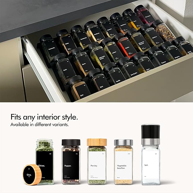 KIVY Spice Drawer Organizer with 24 Spice Jars & 240 Labels - Seasoning Rack for Organization - Kitchen Drawer Insert for Spice Jars - Glass Seasoning Jars with Airtight Lids - Glass Spice Jars Empty