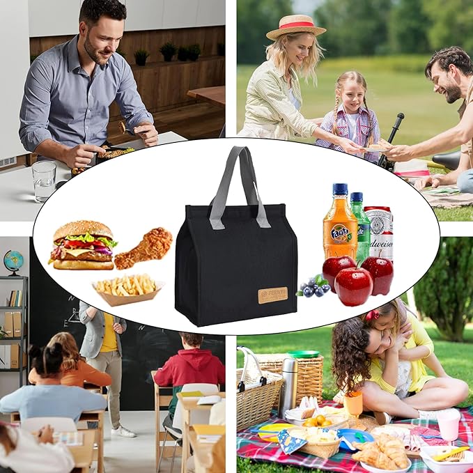 Lunch Bag for Women/Men,Waterproof Reusable Portable Lunch Tote,Lunch Box Bag.Thermal Cooler Bag Ideal for Work/Party/l/Travel/Picnic (Light Black)