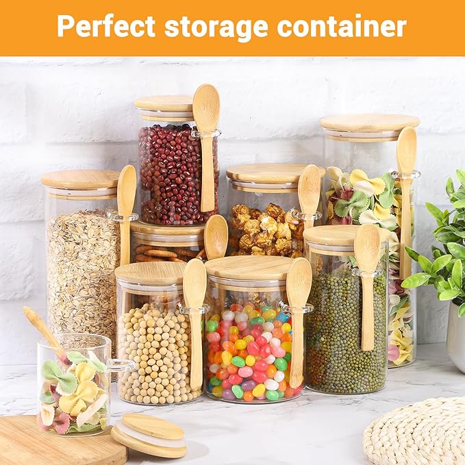 Glass Jars with Airtight Lid - 4 Pack 18 Fl.oz Round Glass Jar with Bamboo Lids and Spoon, Includes Labels and Marker, Coffee Sugar Containers for Spice, Oats, Candy, Cookies, Tea Canister