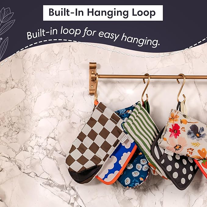 Crae Home - Mini Oven Mitt | Ester Pattern Silicone-Lined Grip Heat-Resistant Cotton Kitchen Mitt with Hanging Loop | Cute Pot Holder Style Oven Glove for Baking & Cooking | 7.5” x 5.5”
