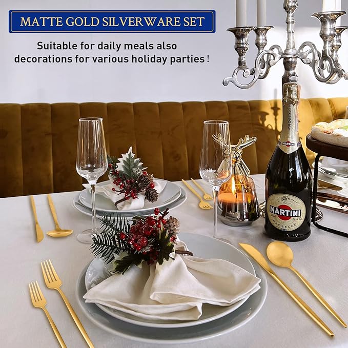 Gold Silverware Set for 8, Stainless Steel Flatware Set, 40-Pieces Cutlery Tableware set Include Spoons And Forks Set, Matte Gold Utensil Set, Stain Finish, Dishwasher Safe
