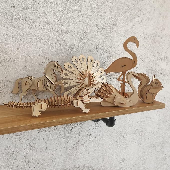 3D Wooden Wild Animal Puzzle - 6 Piece Set Wood Wild Animals Skeleton Assembly Model Kits - Wooden Crafts DIY Brain Teaser Puzzle - STEM 3D Puzzle Gifts for Adults & Teens