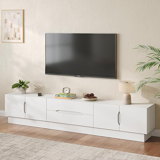 94.5" Wide Modern TV Stands for Living Room, Entertainment Center with Storage Cabinets and Drawers,Wooden TV Console with Groove Handle,Media Console for Bedroom,Dining Room,White