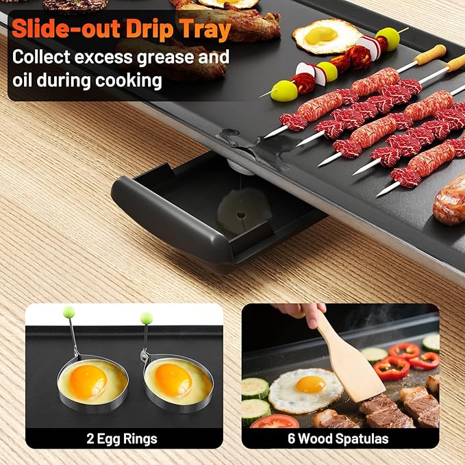 LDAILY 39.5’’ Extra Large Nonstick Electric Griddle, Teppanyaki Grill BBQ W/ 4 Adjustable Temperature, Even Heating & Handles, Long Table Top Pancake Griddle Grill for Indoor & Outdoor Party, Camping